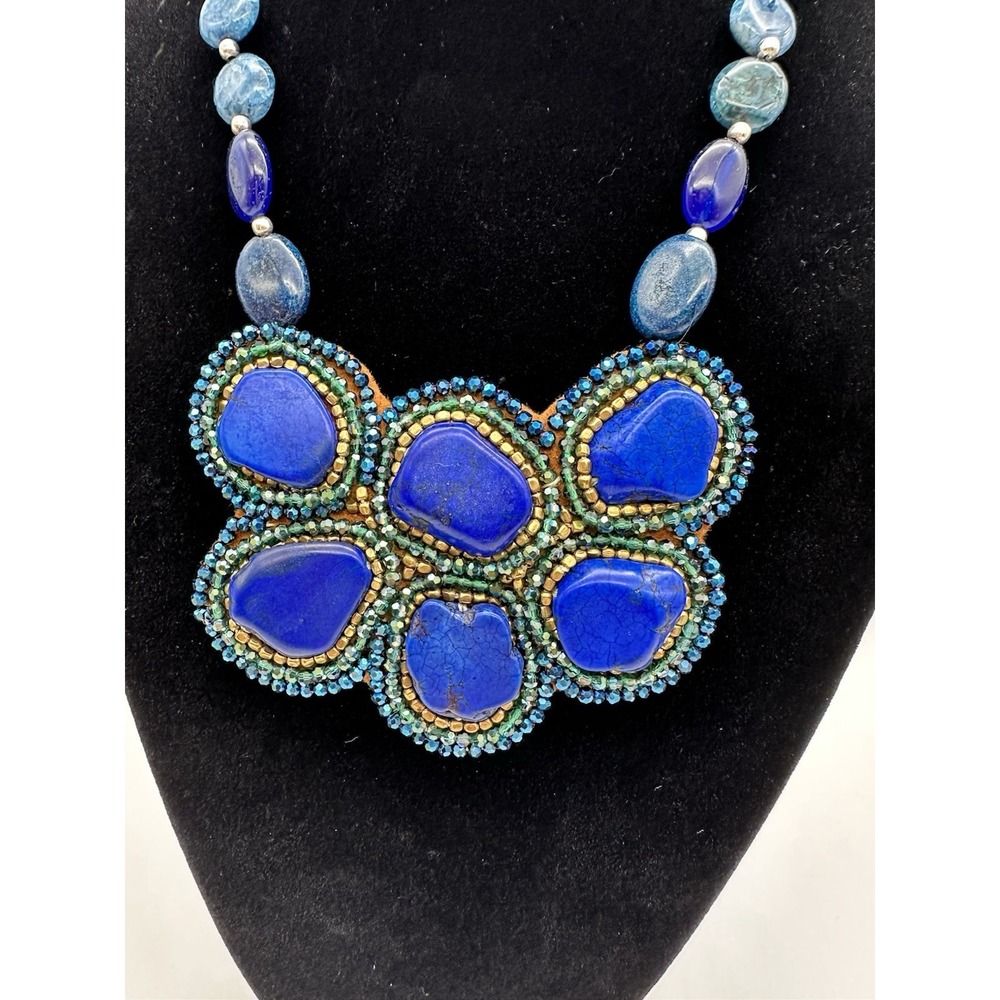 Nakamol Beaded Collar Bib Blue Statement Necklace Stone Glass Rhinestones NWT - Picture 2 of 7